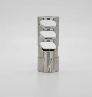 Meraki Machine M1 self-timing muzzle brake stainless steel 3-port mounted on rifle